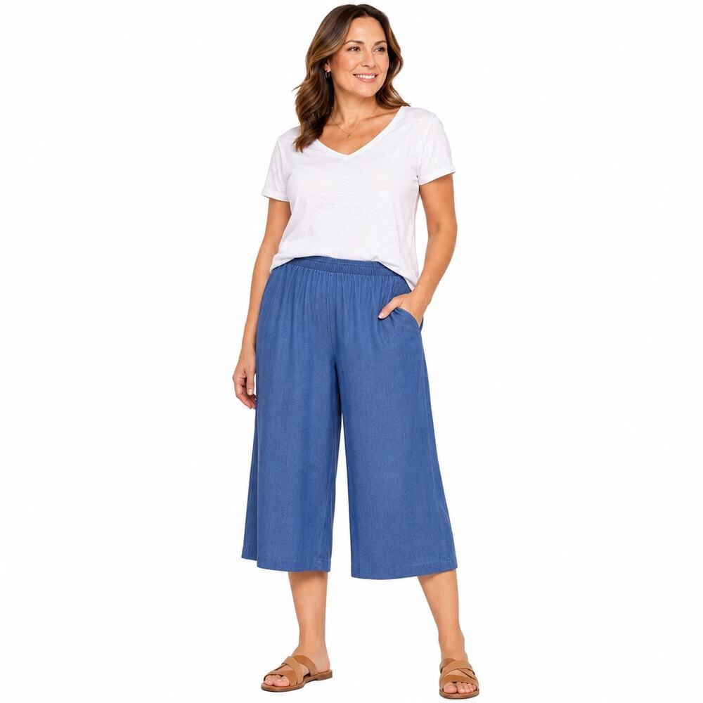 Kim Rogers Woman 20W Blue Wide Leg Cropped Pants Elastic Waist